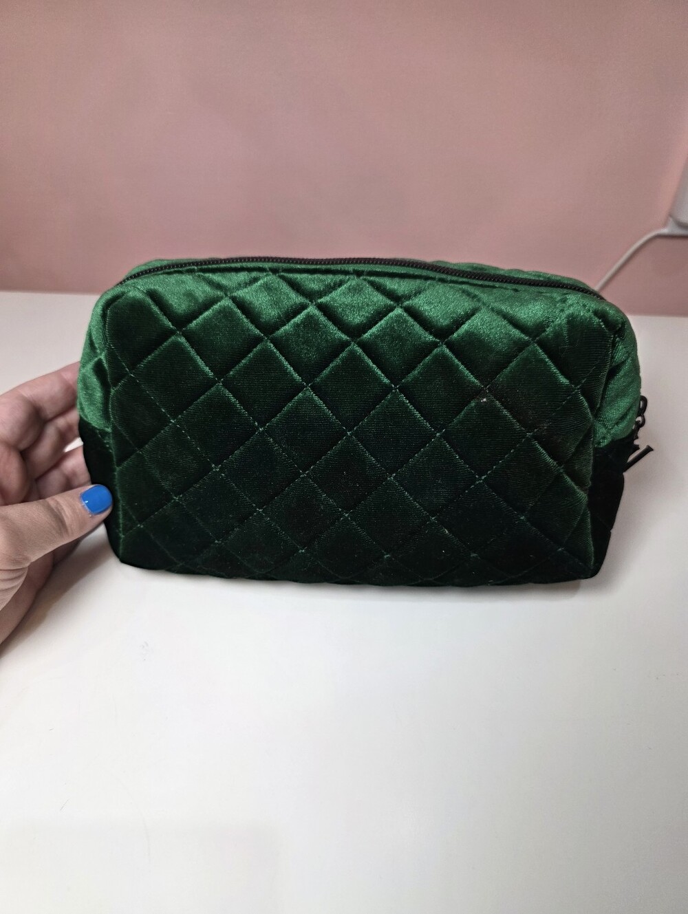 Wicked Emerald Green Velvet Quilted Cosmetic Makeup Bag Pouch 8"